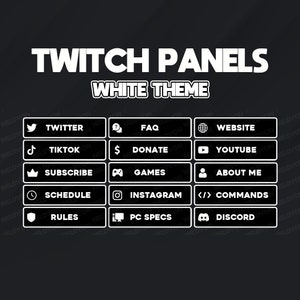 Könnte beinhalten: Ein Satz schwarzer und weißer Twitch-Panel-Buttons mit weißen Symbolen und Text. Die Buttons beinhalten: Twitter, TikTok, FAQ, Spenden, Abonnieren, Spiele, Website, Youtube, Zeitplan, Instagram, Über mich, Befehle, Regeln, PC-Spezifikationen und Discord.