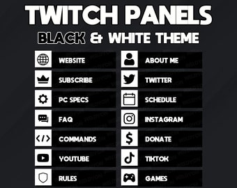 15 Clean Black and White Theme Panels - Twitch Panels Premade *Instant Delivery*