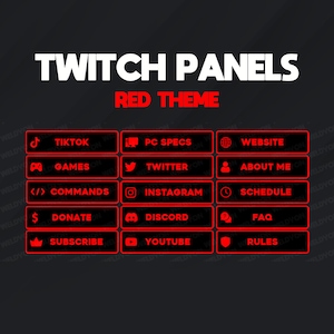 May include: A set of Twitch panel buttons with a red theme. The buttons feature icons and text for various social media platforms, including TikTok, Twitter, Instagram, Discord, YouTube, and more.