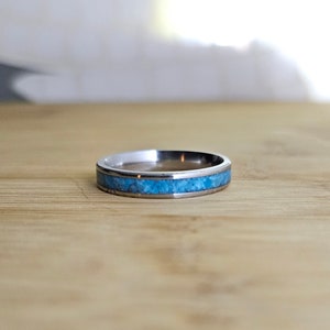 Handmade Women&#39;s Ladies Turquoise Inlay 4mm Band Ring on Durable Stainless Steel Band - Unique and Stylish Jewelry - Statement Jewelry