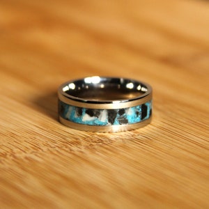 Handmade Turquoise and Tuxedo Inlay Ring on Stainless Steel Band - Unique and Modern Men&#39;s Women&#39;s Jewelry