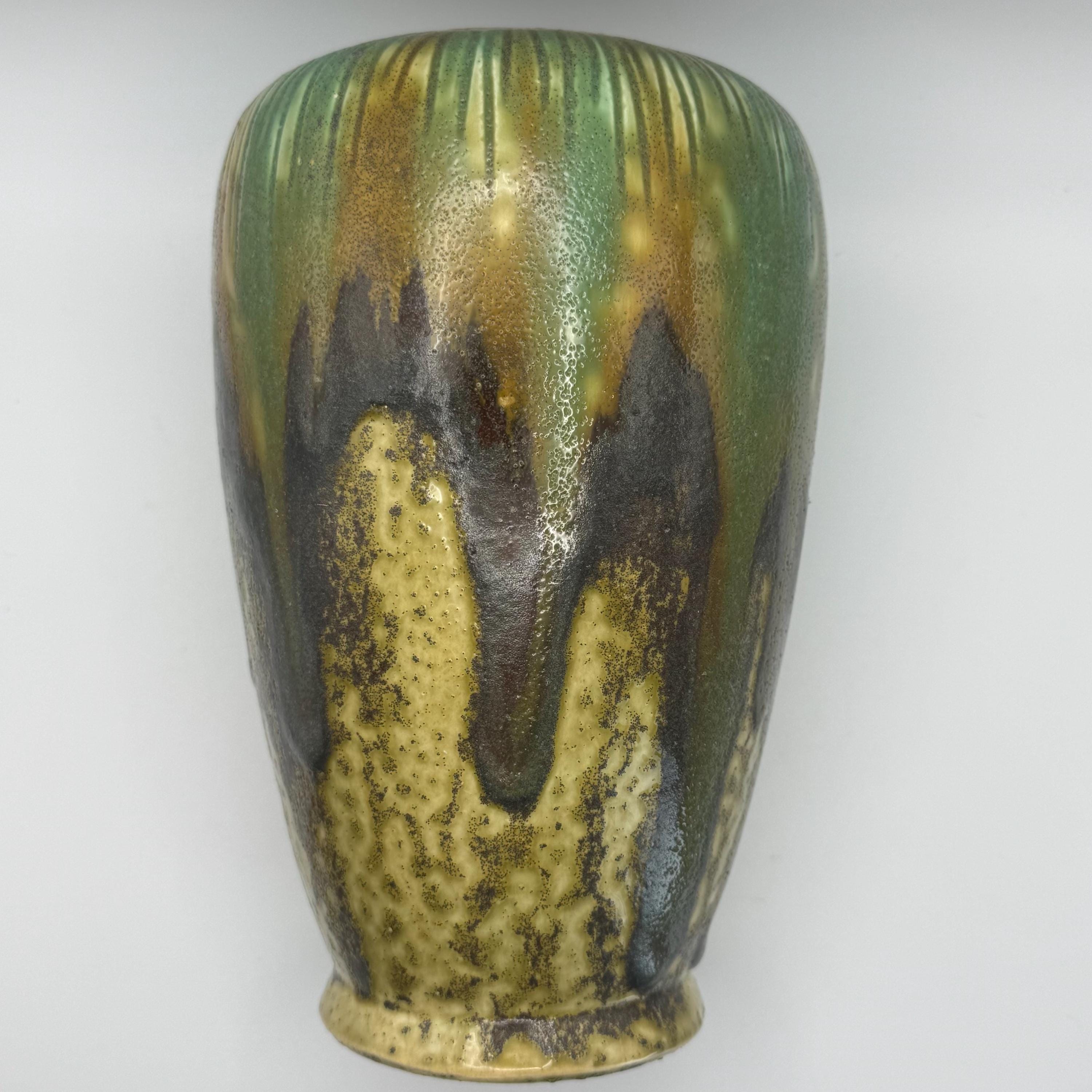 Vintage Studio Art Pottery Drip Glaze Vase Green Brown Mottled Mid ...