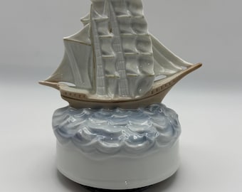 Vintage Otagiri Japan Sailing Ship Music Box “Over The Waves” Nautical Ceramic Decor