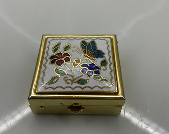 Cloisonne Pill Box Vtg Divided Tray 1.5" Butterfly Flower Gold Tone