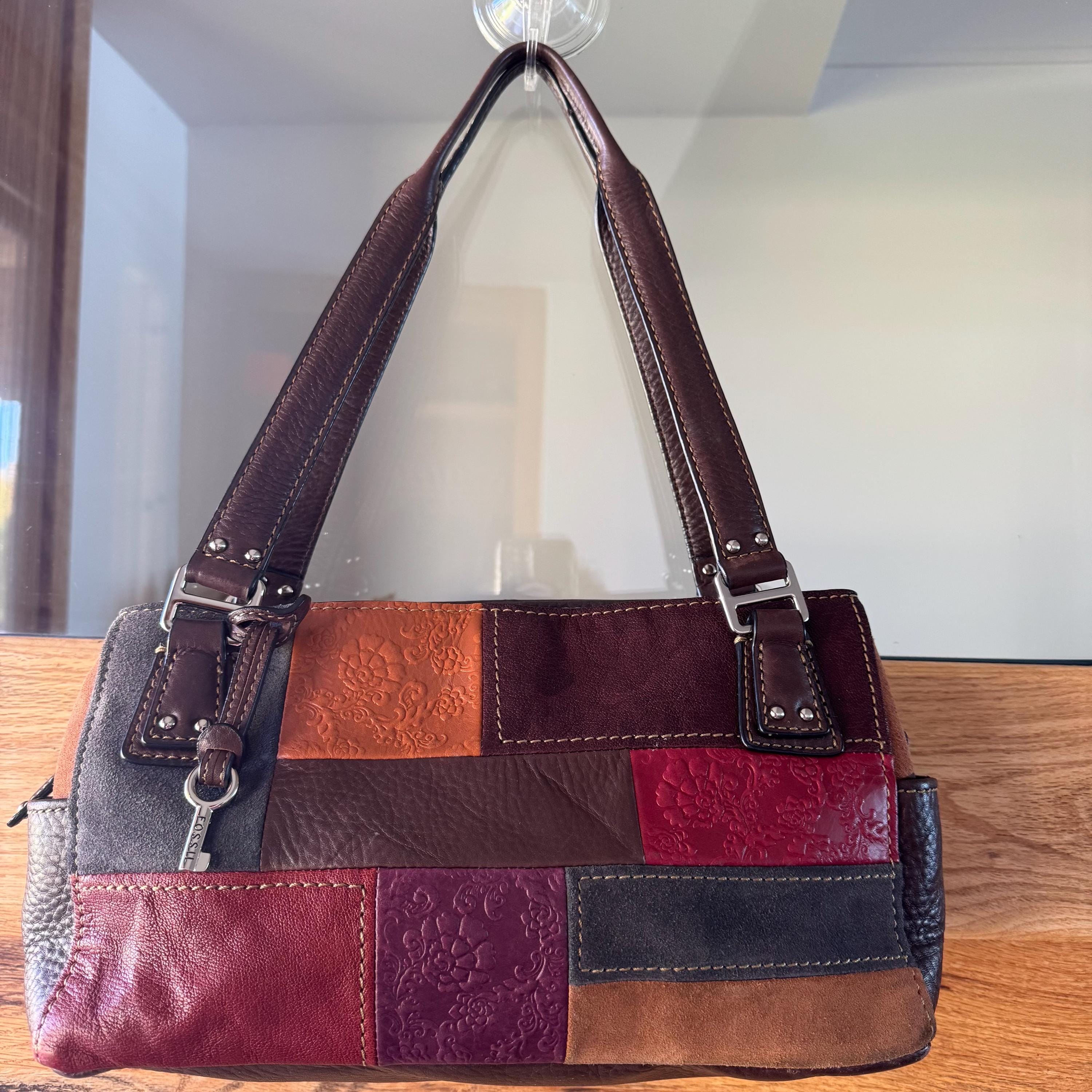 Vintage Fossil Patchwork Leather Shoulder Bag With Key Multicolor