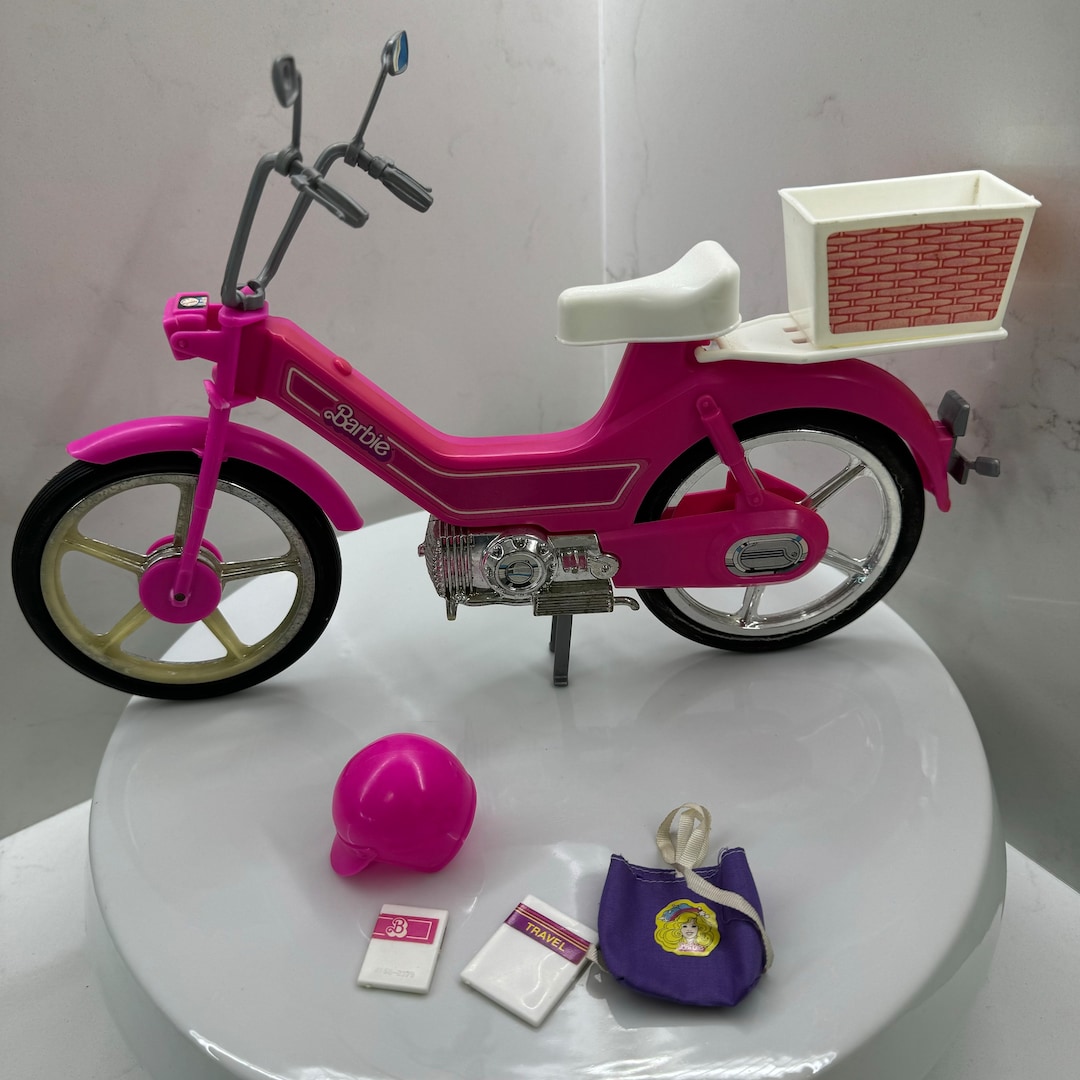 Vintage 1983 Barbie Pink Motor Bike Moped Scooter, Helmet, Backpack and ...