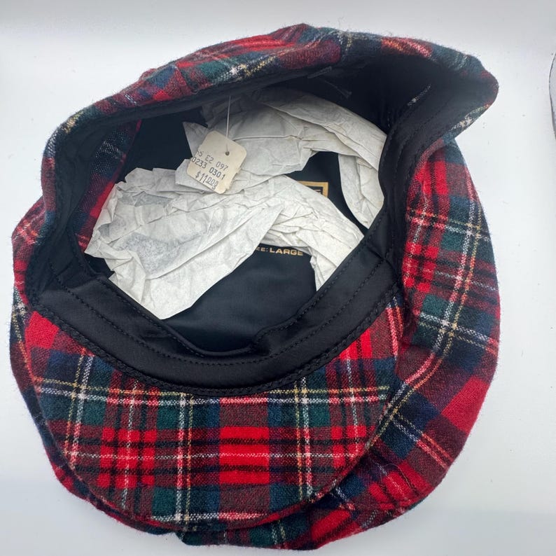 Vintage Pendleton Virgin Wool Plaid Newsboy Cap Hat Large USA Made Red Tartan afbeelding 5
