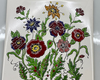 Florale Kunstfliese, Keramikfliese, Untersetzer, Wanddekoration, handbemalt, 15,2 x 15,2 cm