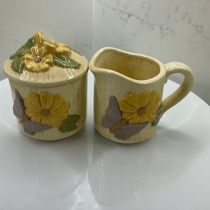 Vintage 70’s Flower/Butterfly Ceramic Sugar & Creamer Set