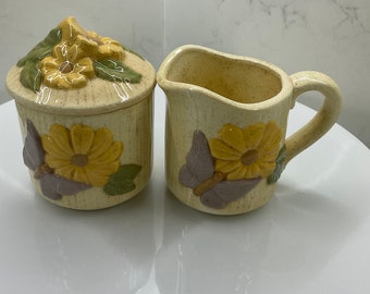 Vintage 70’s Flower/Butterfly Ceramic Sugar & Creamer Set