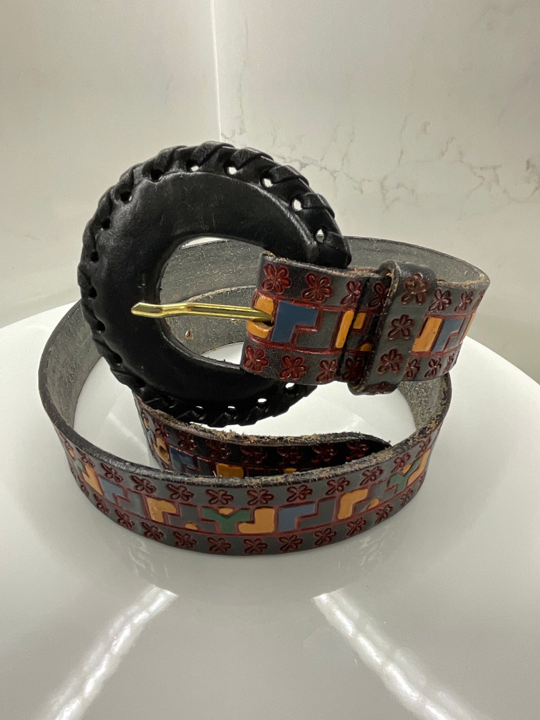 Vintage Milor genuine leather belt Size 31 Vintage MILOR Leather Belt/ Pale Yellow/ Silver Buckle/ Tip  main image 4