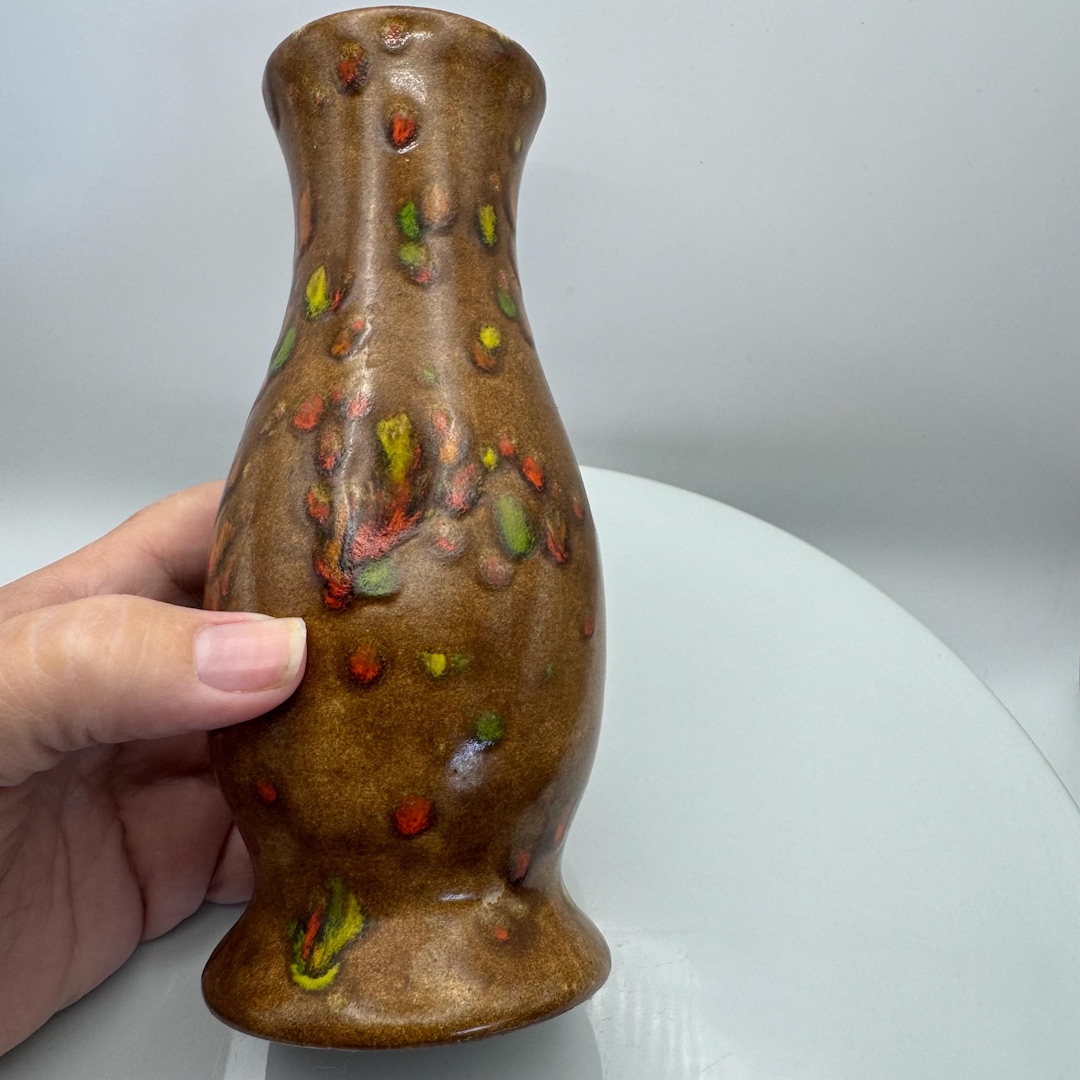 Vintage Mid-century Drip Glaze Pottery Vase – Brown With Red, Green ...