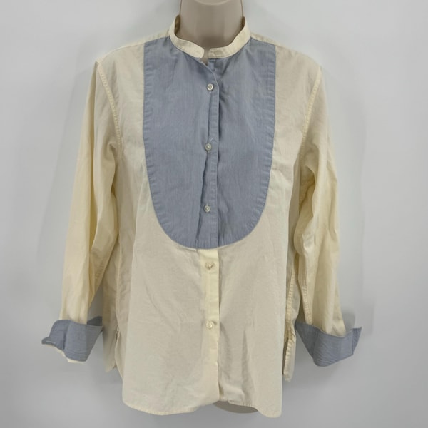 Lauren Ralph Lauren Women’s Bib Front Button-Up Shirt Cream Blue Size M (R1)