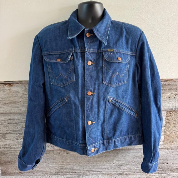 Vintage Wrangler 126MJ Denim Jacket Size 44 Made in USA Dark Wash Trucker Jacket