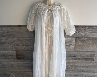 ヴィンテージ ホワイト レース ペニョワール セット シースルー ローブ ナイトガウン ロマンティック ブライダル Sサイズ (P1)