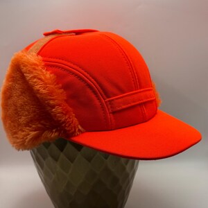 Vintage Blaze Orange Hunting Trapper Cap Ear Flap Hat Size Small