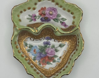 Antique Nippon Era Hand Painted Divided Porcelain Trinket Dish Green Gold Floral