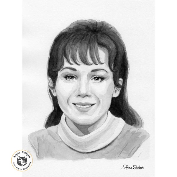 Maggie Evans Dark Shadows Black and White Watercolor Portrait, Original Artwork, Digital Download / Printable, 3x4 Ratio