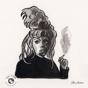 May include: Black and white illustration of a woman with a large feathered hairpiece, wearing a black turtleneck and holding a cigarette. The woman has a serious expression on her face.