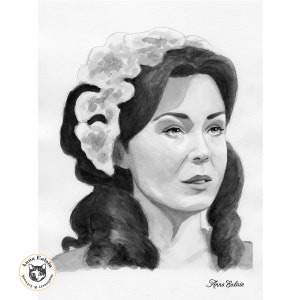 Könnte beinhalten: Schwarzweiß-Illustration einer Frau mit dunklen Haaren, die ein Blumenband trägt. Die Frau blickt nach rechts und hat einen ernsten Gesichtsausdruck. Die Illustration ist mit "Anna Ealain" signiert.