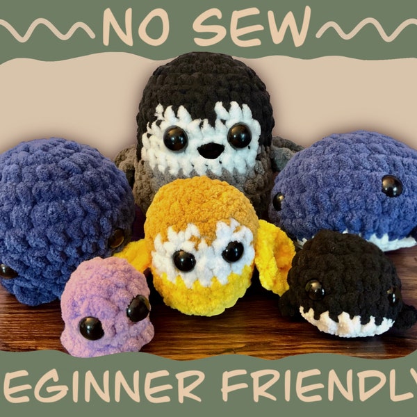 No sew sea creatures crochet pattern | pdf patterns to make amigurumi octopus, whale, and penguin plushies | easy beginner friendly tutorial