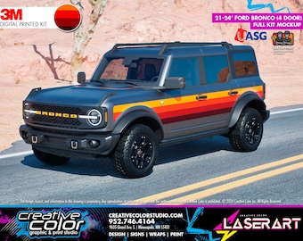 May include: A gray Ford Bronco with a retro stripe design in yellow, orange, and red. The vehicle has black wheels and a black front grill with the word "BRONCO" in gold. The image includes text that says "3M Digital Printed Kit".