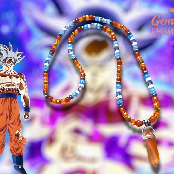 Goku inpired Gemstone Necklace, Natural Fire Agate, White Howlite, red adventurine , and dyed Quartz crystal necklace.