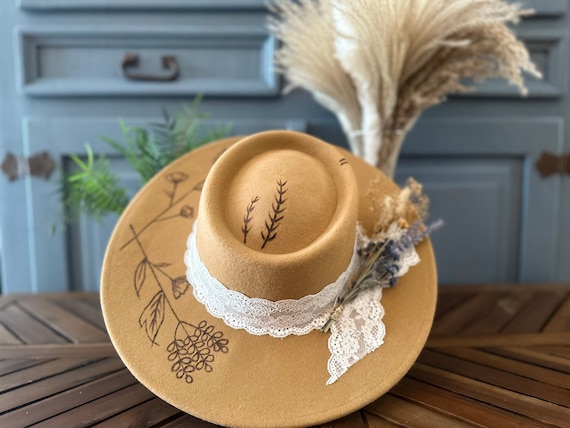 Rancher Cowgirl Hat With Lace, Custom Burned Flowers, and a  display picture 2
