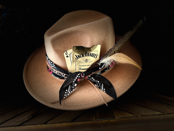 Custom Beige Western Fedora With Rifle Casings, Burnt Jack Daniels Playing Cards, Bandana, Leather, Feathers, Adjustable Sweat Band - Etsy Custom Beige Western Fedora With Rifle Casings, Burnt Jack Daniels Playing Cards, Bandana, Leather, Feathers, Adjustable Sweat Band - Etsy