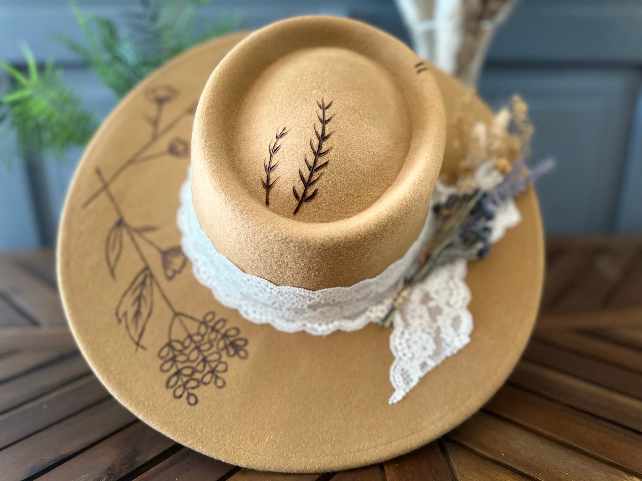 Handmade burned western cowgirl hat with leather flower embellishment Just a couple of cowboy hats burned by hand! ? main image 3
