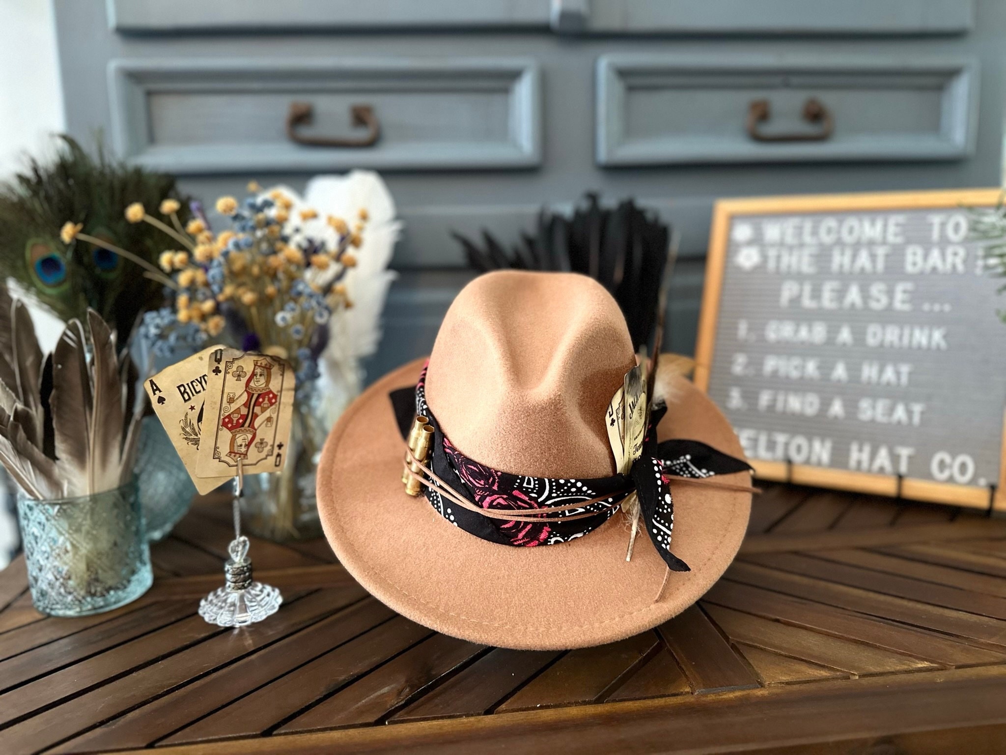 Custom Beige Western Fedora With Rifle Casings, Burnt Jack Daniels Playing Cards, Bandana, Leather, Feathers, Adjustable Sweat Band - Etsy Custom Beige Western Fedora With Rifle Casings, Burnt Jack Daniels Playing Cards, Bandana, Leather, Feathers, Adjustable Sweat Band - Etsy