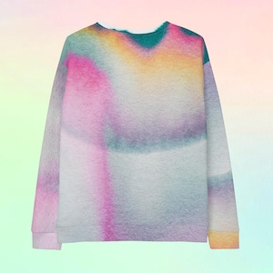 May include: A tie-dye sweatshirt with a colorful watercolor design in shades of pink, yellow, blue, and green.