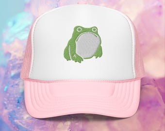 MATSUMOTO HOJI Grumpy FROG Embroidered Foam trucker hat / Iconic Japanese Art Baseball Cap / Straight Brim graphic Fall 24 / Gift for friend