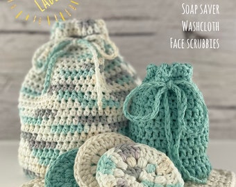 Spa Package with Printable Labels - Bundle Includes 4 PDF Crochet Patterns: Multi-use Drawstring Bag, Face Scrubby, Soap Saver, Washcloth