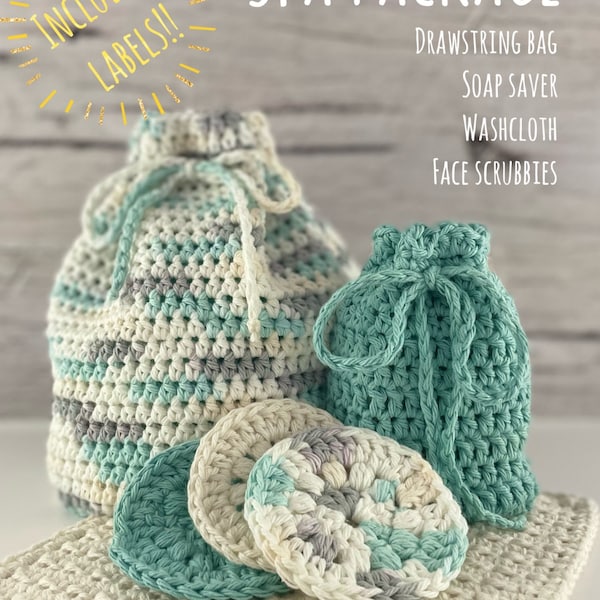Spa Package with Printable Labels - Bundle Includes 4 PDF Crochet Patterns: Multi-use Drawstring Bag, Face Scrubby, Soap Saver, Washcloth