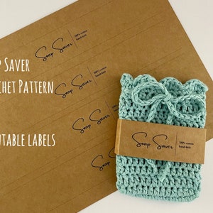 May include: A set of printable labels for soap savers, featuring the text "Soap Saver" and "100% cotton hand-knit". The labels are printed on brown paper and are ready to be cut out and used.