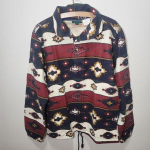Vintage Navajo Southwestern Cotton Collared Shirt Long Sleeve,1/4 Button 80s 90s