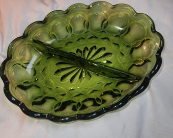 Antyczna szklana miska na przekąski i słodycze w kolorze awokado w stylu vintage MCM Anchor Hocking Fairfield