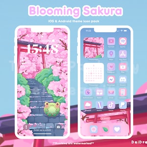 Sakura Cherry Blossom Frog App icon set | Cute Sakura Theme | Aesthetic phone background | kawaii phone theme