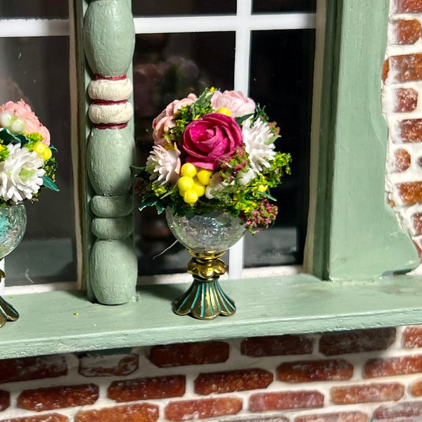 Colorful spring elegant miniature flower arrangement in pink and yellow 1/12 handmade in a shiny vase- 2 available