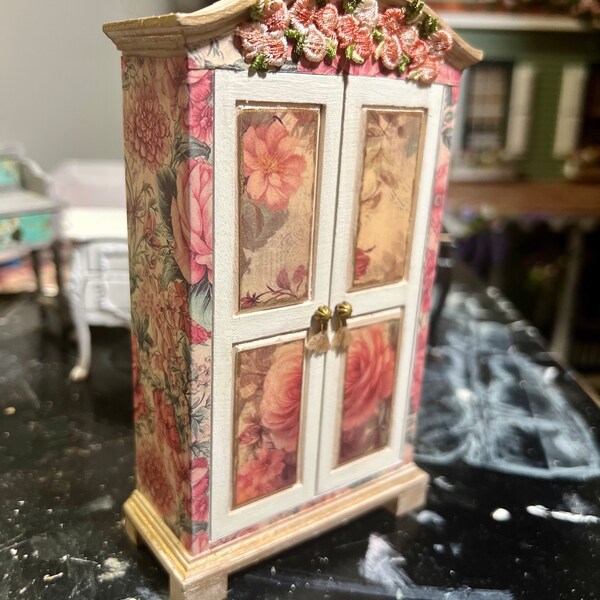 Gorgeous rose dollhouse tall shelf closet or armoire - gilded with floral detailing 1/12 scale