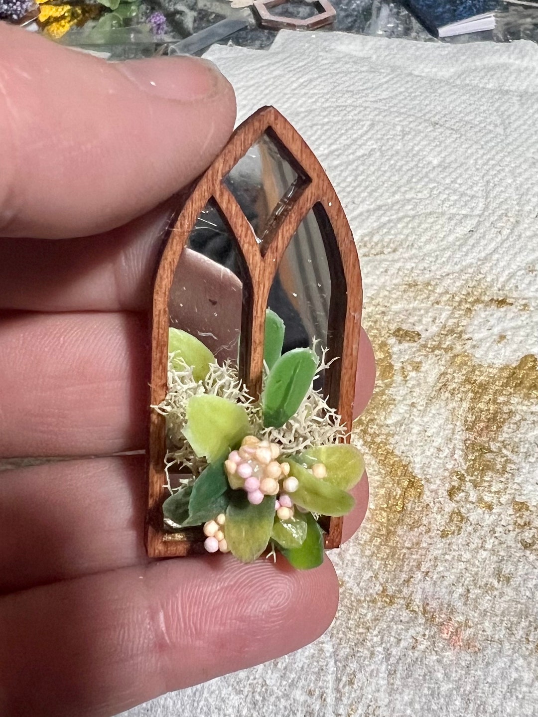 Dollhouse Wall Decor Picture Window Frame With Flowers and Mirror Back