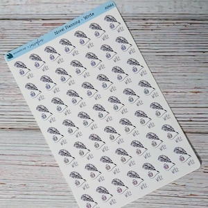 May include: A sheet of planner stickers featuring a repeating pattern of quill pens, inkwells, and the word "write." The stickers have a light blue and purple color scheme, with the text in a handwritten style. The sheet is labeled "Novel Planning - Write."