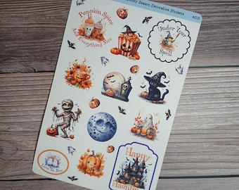 Spooky Season Sticker Sheet - Watercolor Halloween Planner Stickers, Ghost Pumpkin Black Cat Journal Stickers, Whimsical Fall Decor