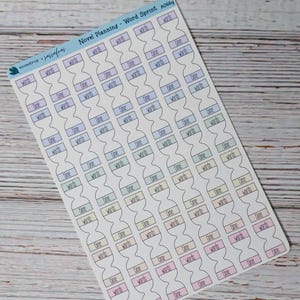 May include: A sheet of planner stickers with a repeating hourglass design. Each hourglass has a rectangular label with the words "time" and "words" in various pastel colors. The text "Novel Planning - Word Sprint A0669" is at the top. Hourglass body is blank to leave room for entering word count and time.