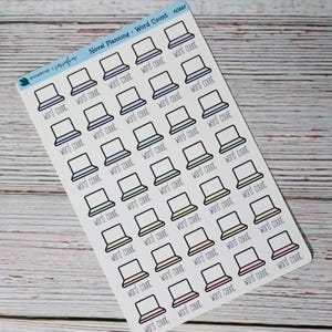 May include: A sheet of planner stickers featuring laptop icons in various pastel colors. Each laptop icon has the words "word count" printed below it. The stickers are labeled "Novel Planning - Word Count" and "snowdrop + sassafras". Laptop screen is left blank so that word count can be entered.