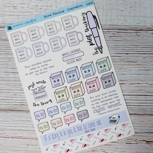 May include: A sticker sheet with a writing theme. It features coffee mugs, speech bubbles with "New Idea!", and blocks labeled "Writer's Block". The text includes quotes about writing and the phrase "The plot thickens". Colored in a rainbow of pastel shades including purple, green, blue, and pink.
