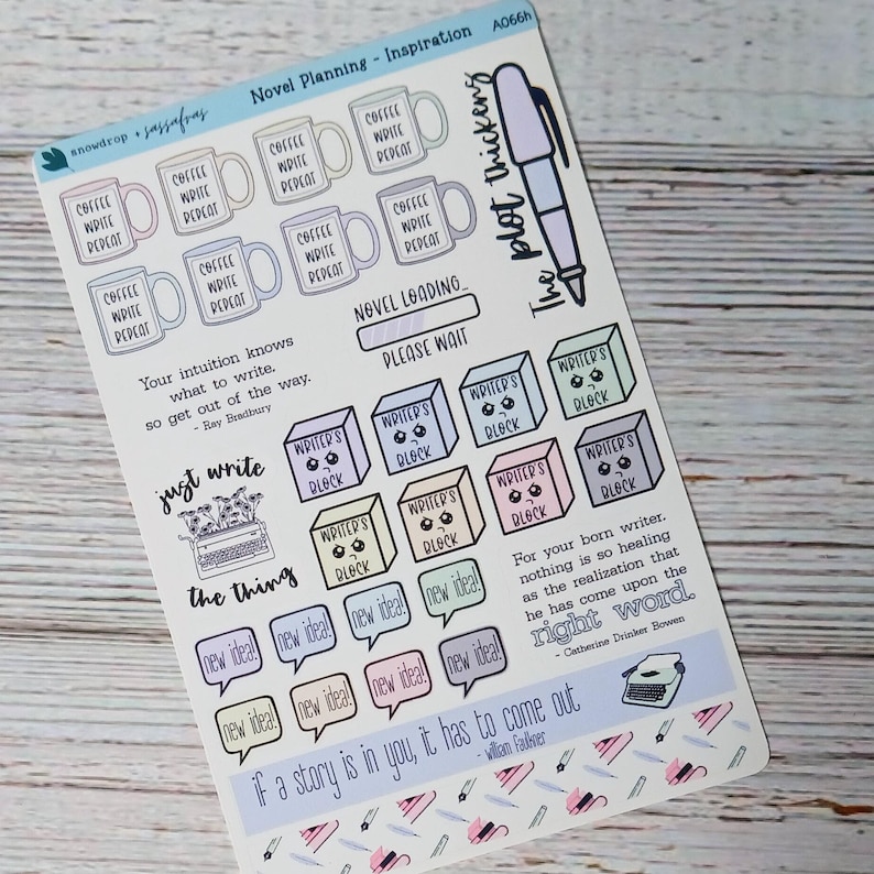 May include: A sticker sheet with a writing theme. It features coffee mugs, speech bubbles with "New Idea!", and blocks labeled "Writer's Block". The text includes quotes about writing and the phrase "The plot thickens". Colored in a rainbow of pastel shades including purple, green, blue, and pink.