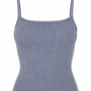 May include: A slate blue sleeveless tank top featuring a vertical ribbed knit pattern, a straight square neckline, and two thin shoulder straps. The garment is constructed from a soft, textured yarn and maintains a fitted silhouette throughout.