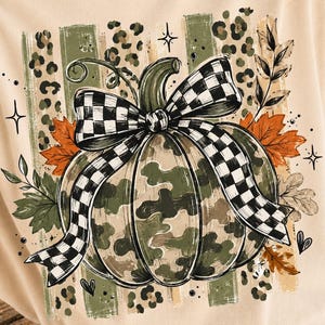 Preppy Camo Fall Pumpkin PNG, Retro Camo Fall Vibes Distressed Coquette Bow, Camouflage Pumpkin DTF Design, Camo Cozy Season